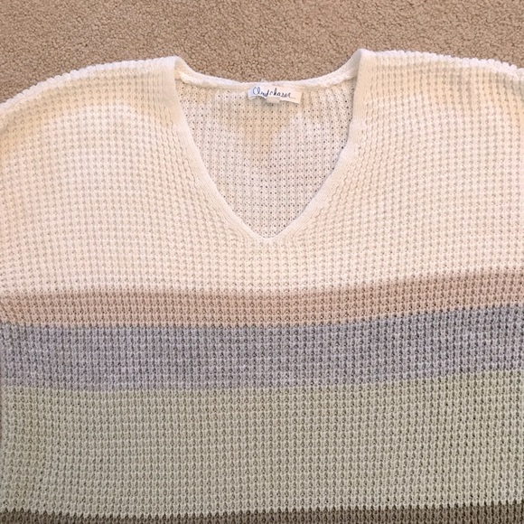 Cloud Chaser V Neck Striped Knit Sweater Womens Size Medium White Green Blue - Picture 2 of 9